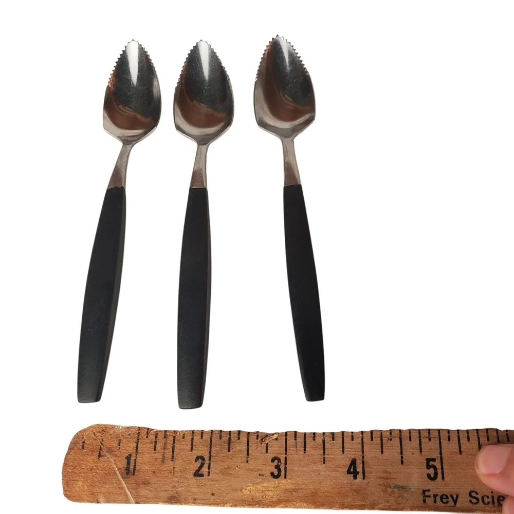 Set of Three MCM Black and Silver Grapefruit Spoons. Made In Japan.